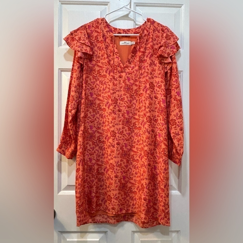 Vineyard Vines Silk Infused Floral Long Sleeve Dress Ruffle Shoulder Pintuck‎ M